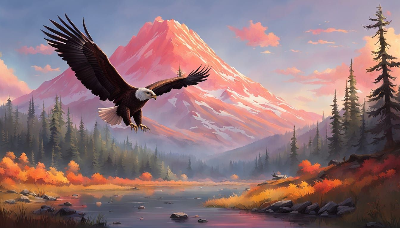 Vintage-Inspired Sunset Mountain Landscape with Eagle in Fli...