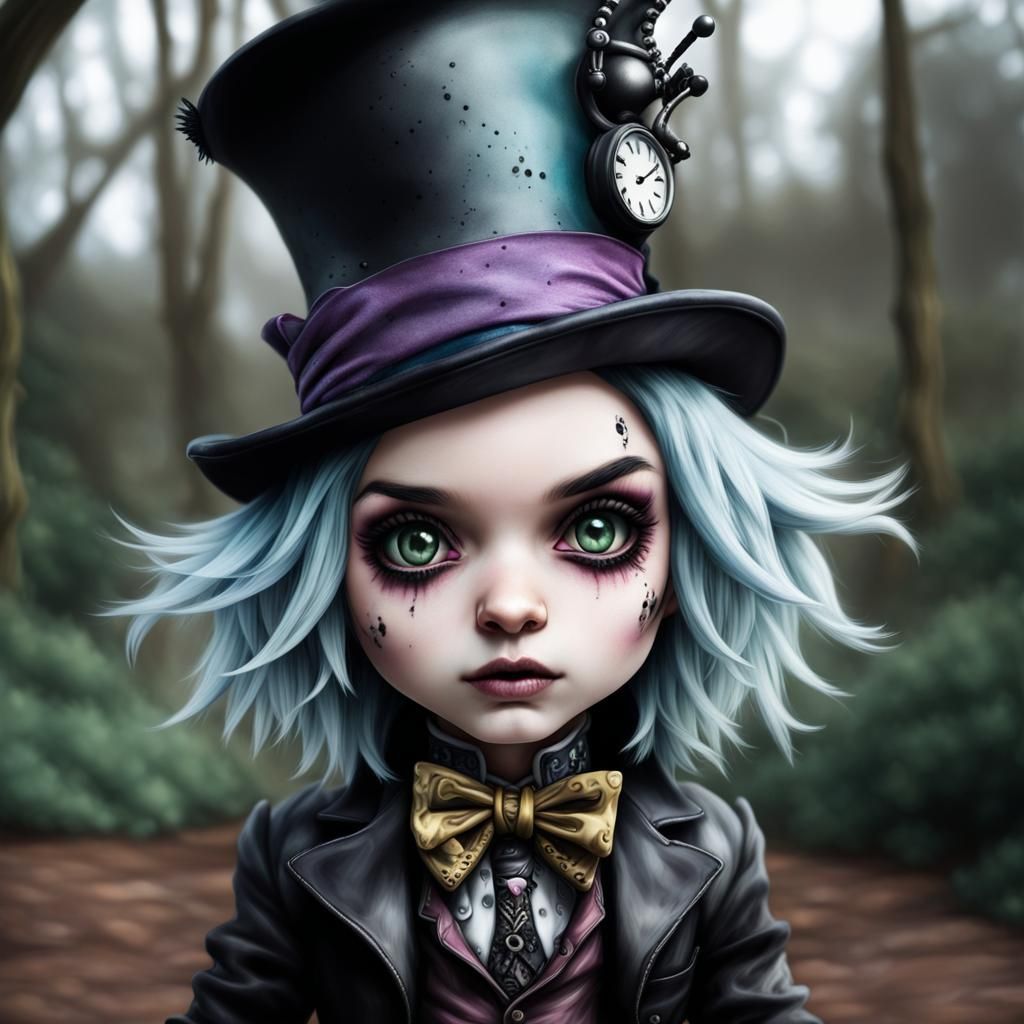 Hyperrealistic Chibi Goth Mad Hatter Illustration