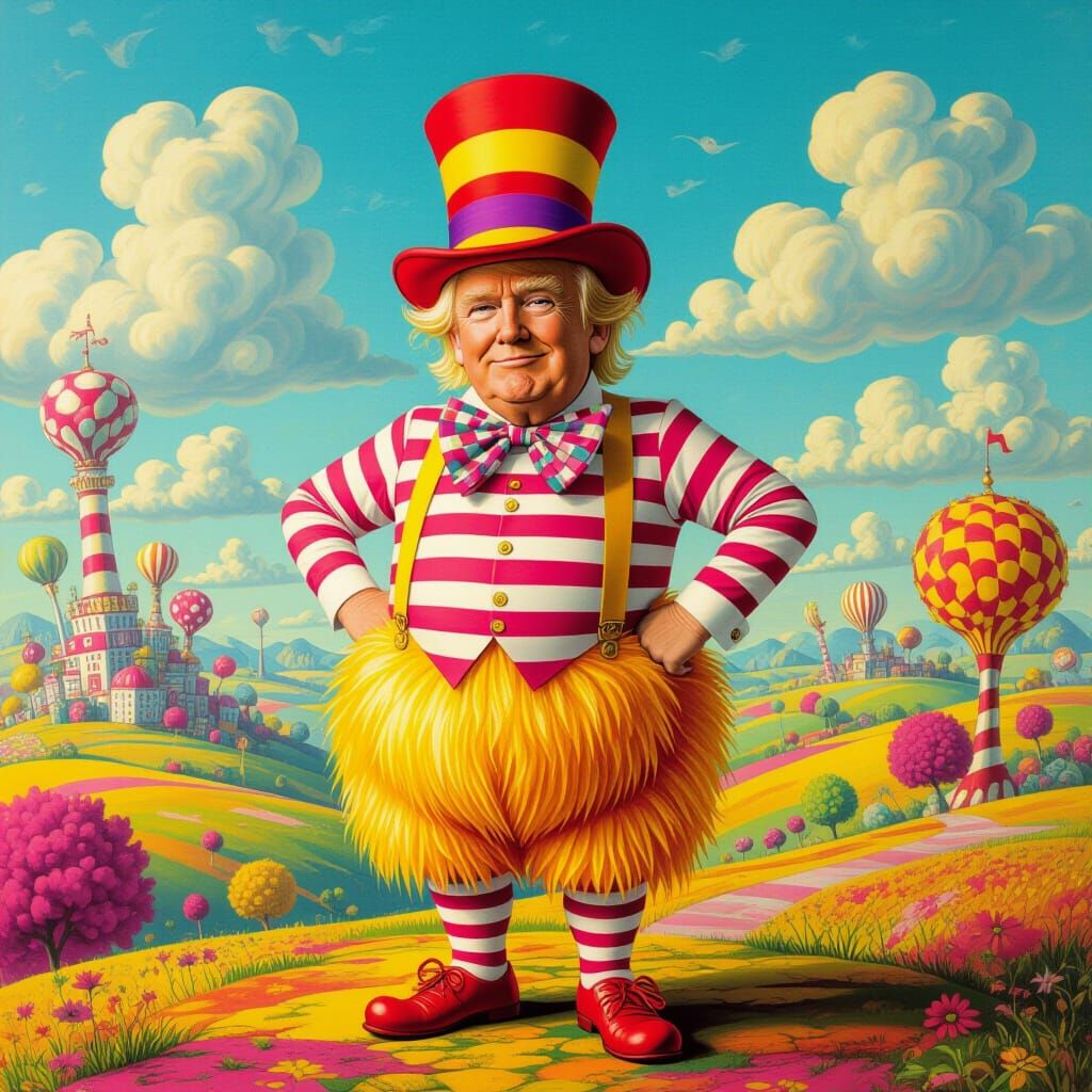 Trump as Oompa Loompa in Surreal Landscape