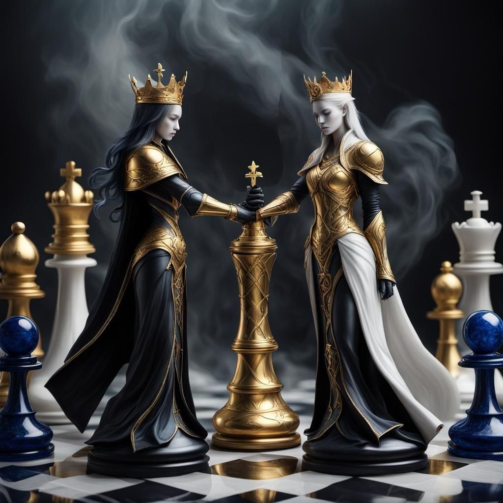 Kintsugi Chess Pieces Duel in Morning Mist