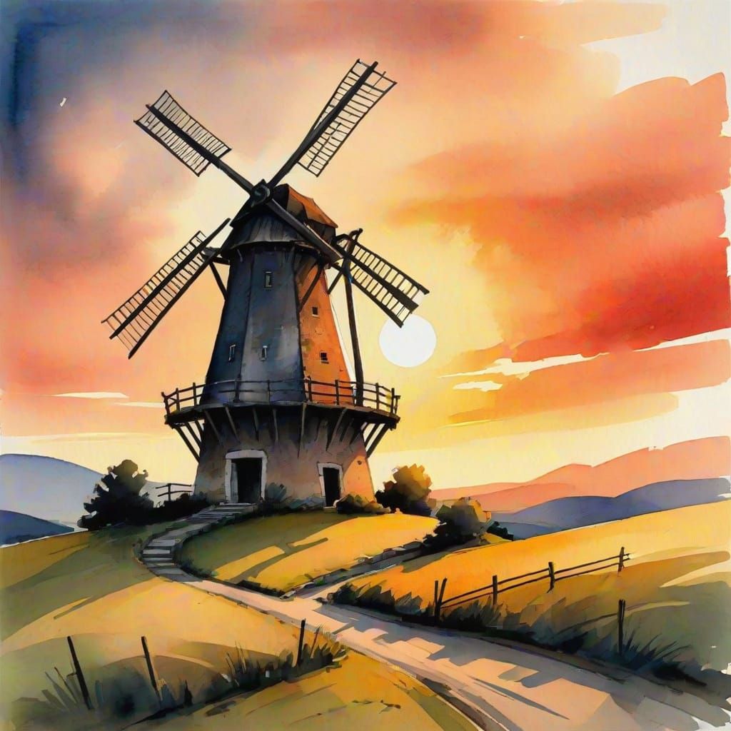 Expressionist Windmill at Sunset with Stark Outlines