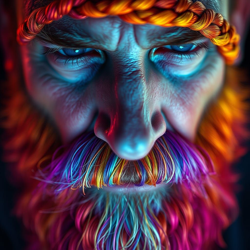 Man's Face with Braided Multicolored Beard