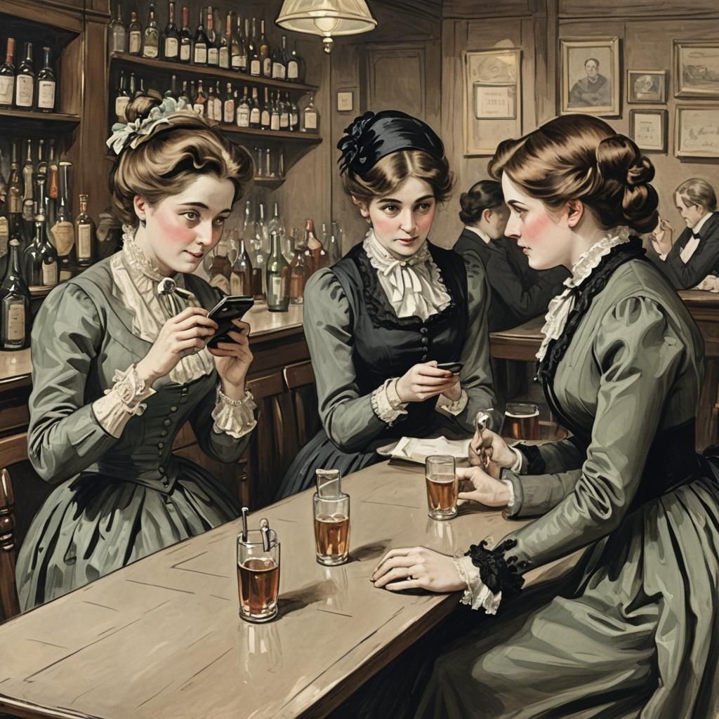 Victorian Ladies Texting at a Bar in Illustrative Style