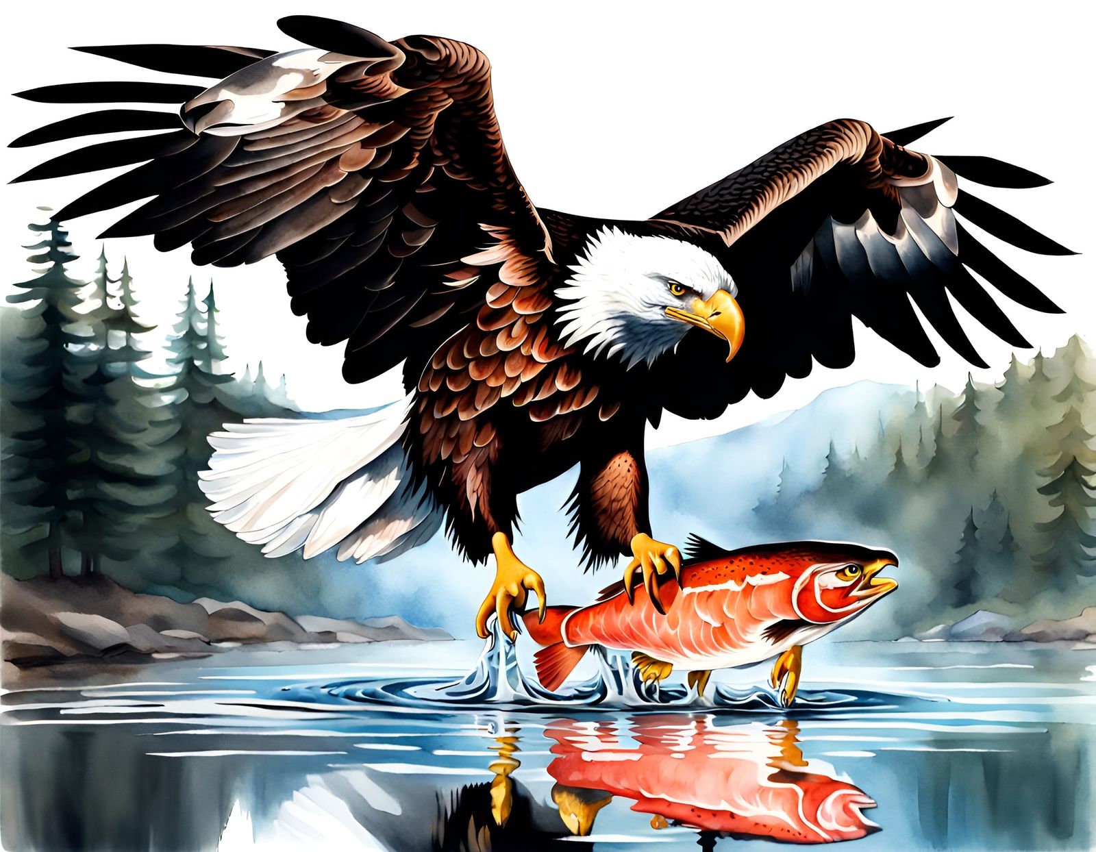 Hyperrealistic Eagle Grabs Salmon in Watercolor Style