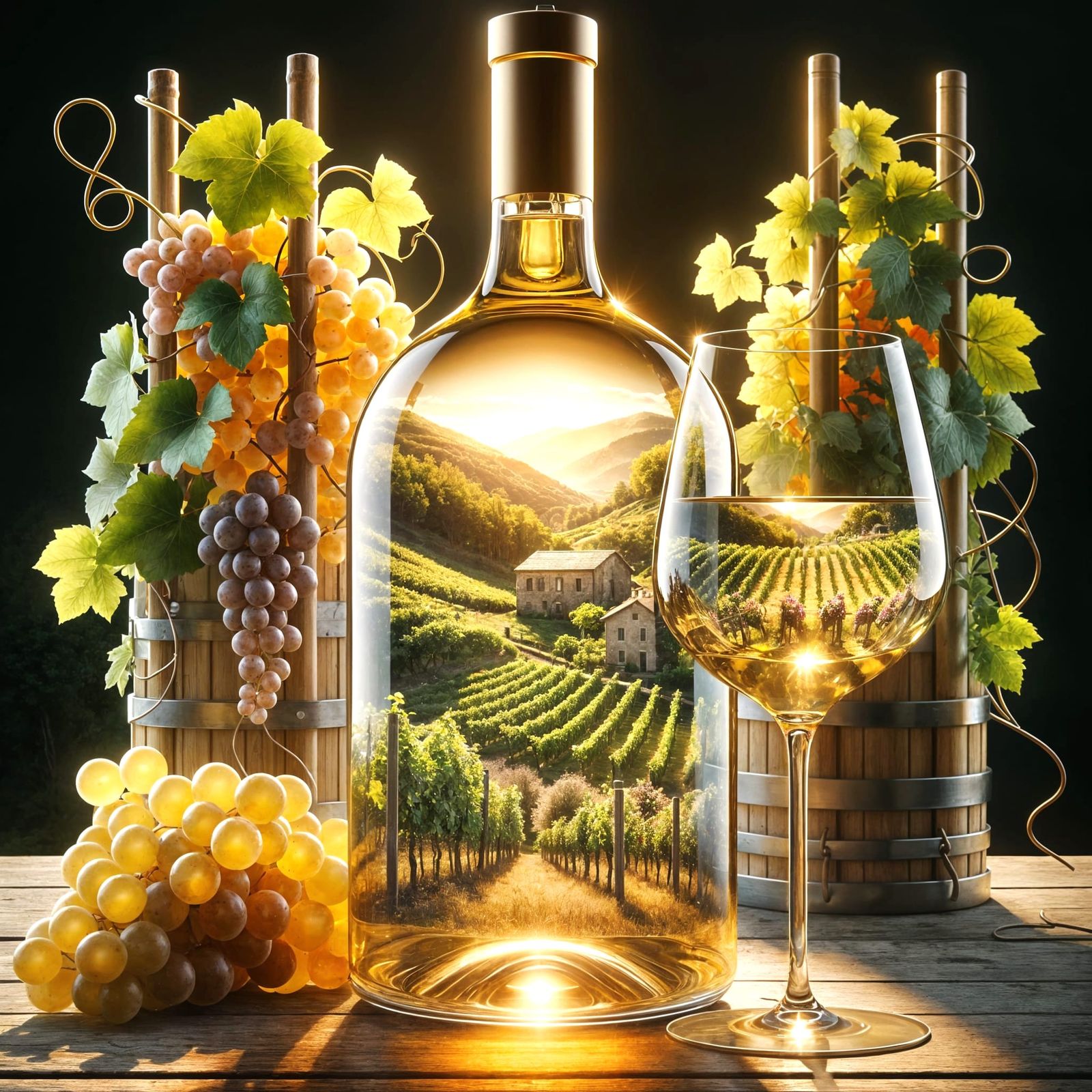 Golden Hour Vineyard Reflections in Wine