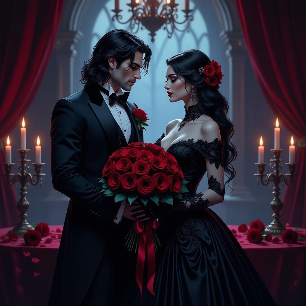 Elegant Vampires Exchange Black Roses on Valentine's Day