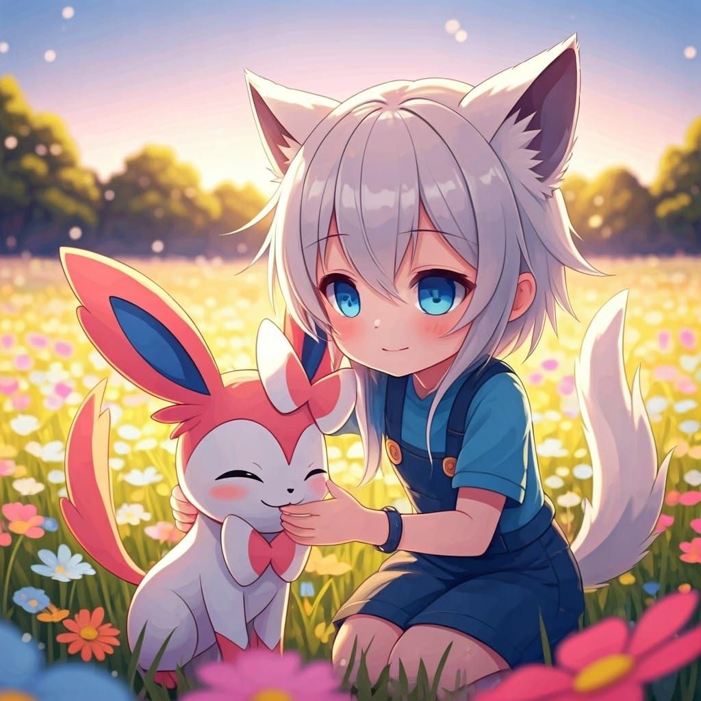 Anime Catgirl Pets Sylveon in Flowery Field