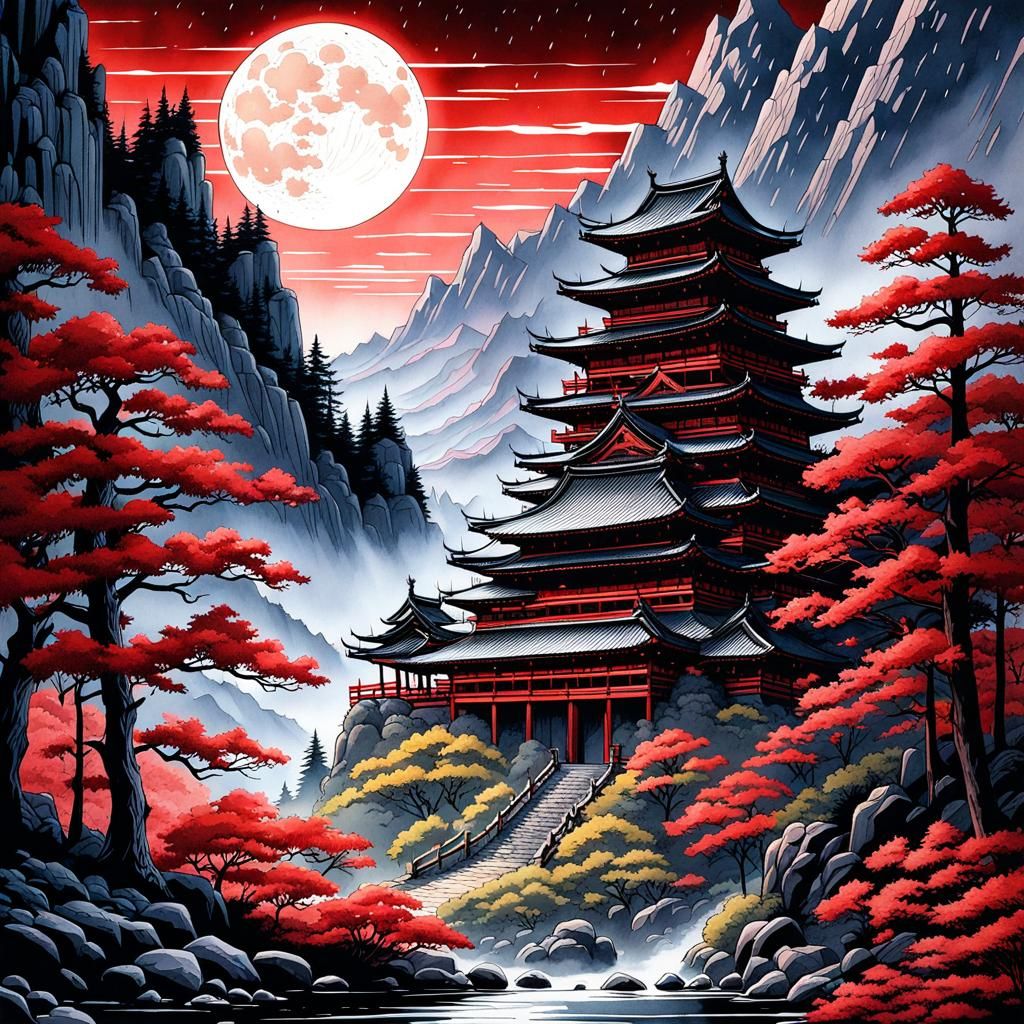 Ronin Samurai Castle in Japanese Watercolor Style