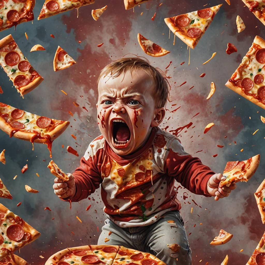 Angry Baby with Pizza Slice: Hyperrealistic Digital Art