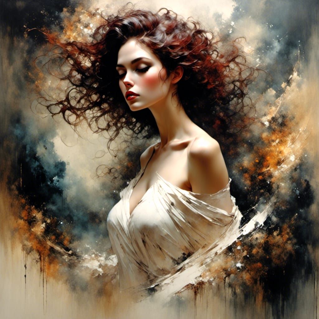 Maroon-Haired Beauty in Oil Painting Style