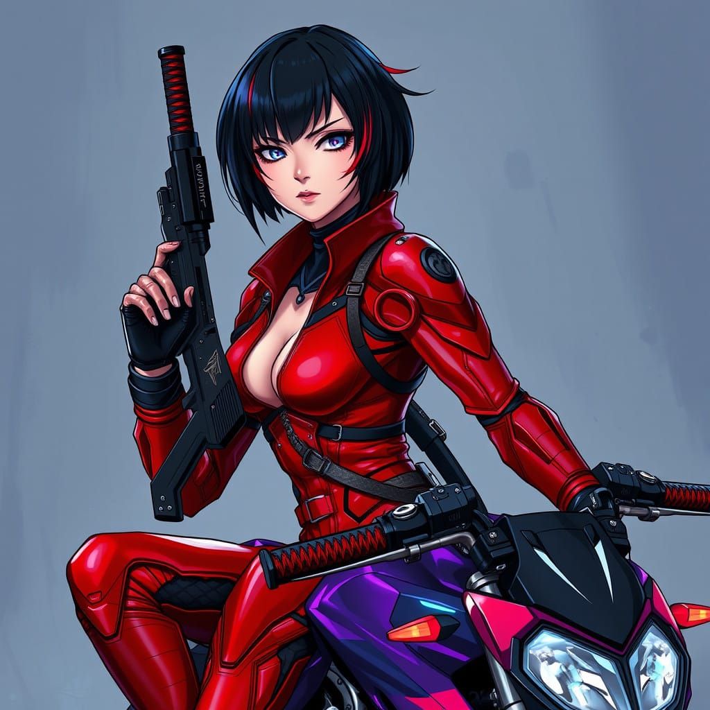 Cyborg Kunoichi in Cyberpunk Motorcycle Gear