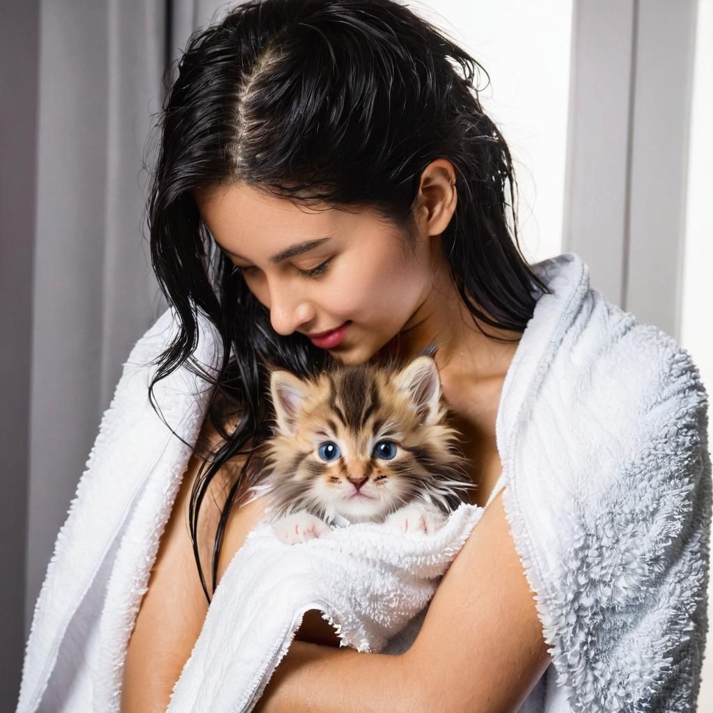Hands Drying a Wet Fluffy Kitten