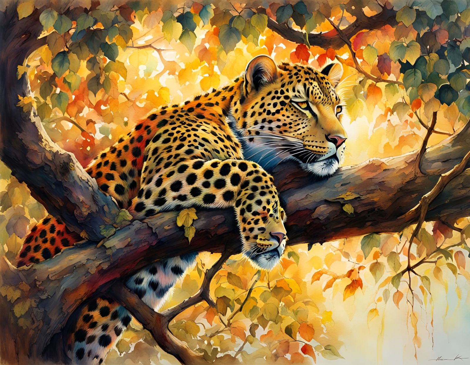 Leopard Nap in Orchard: Watercolor Style
