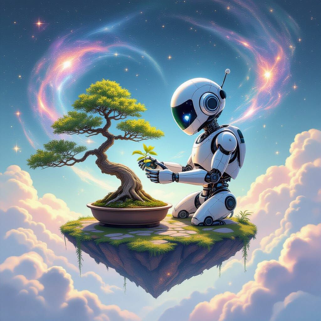Whimsical Robot Tends Bonsai on Floating Cosmic Island