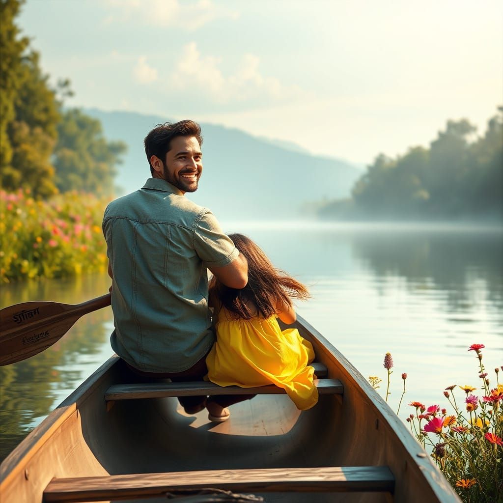 Serene River Scene with Gentle Glow and Warm Smiles