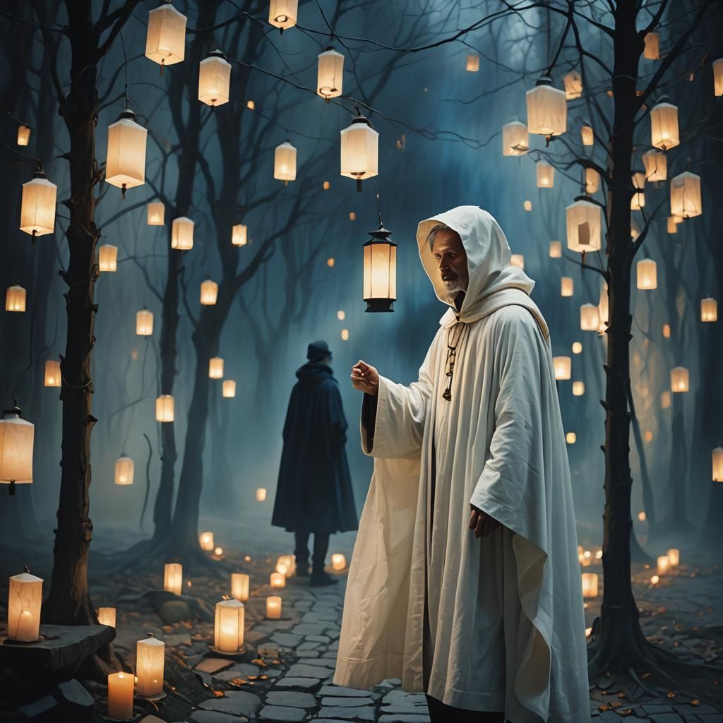 Ethereal Figure in White Cloak, Oil Painting Style