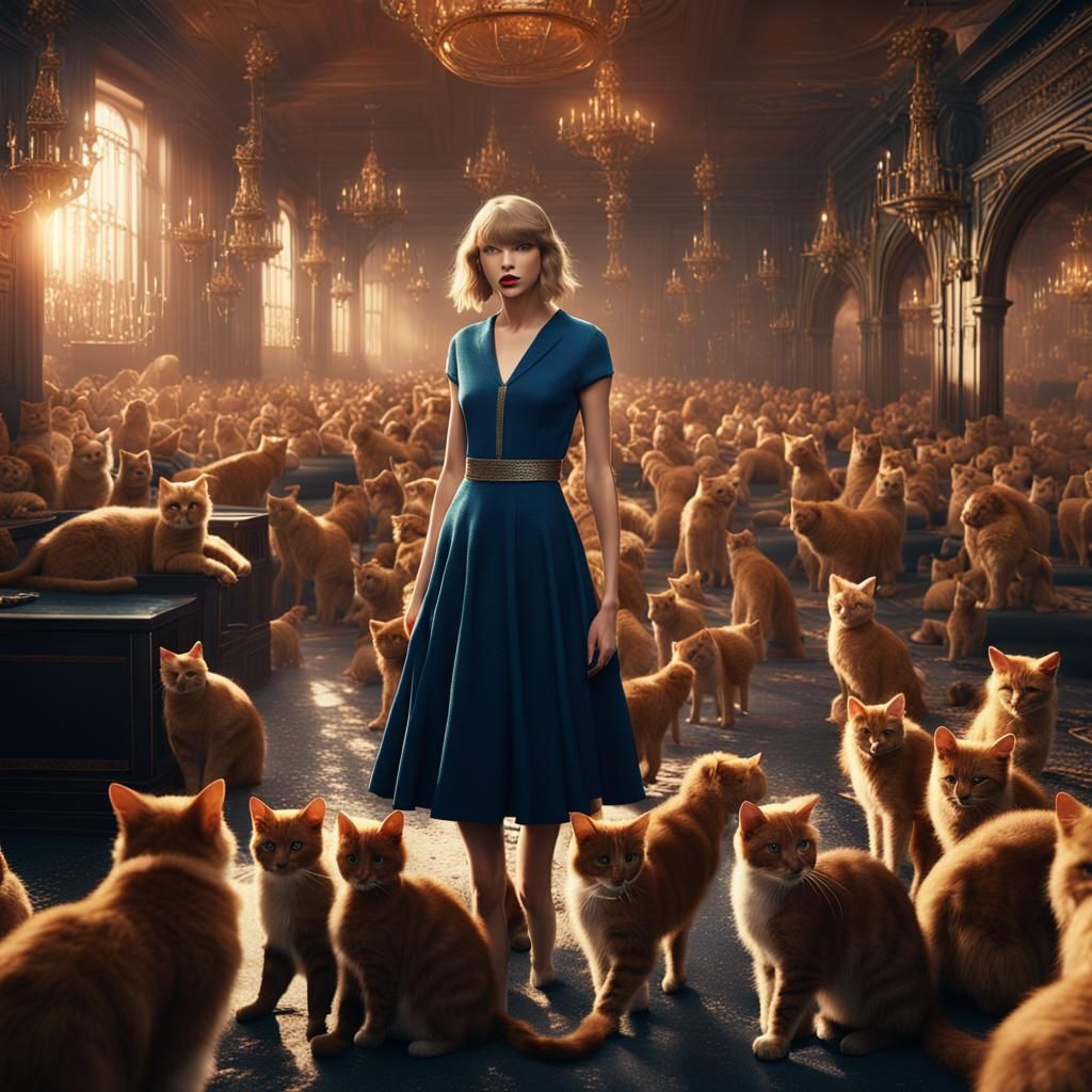 Taylor Swift Surrounded by Cats: Detailed Matte Painting