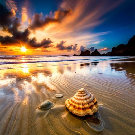 Hyperrealistic Beach with Seashells and Algae in HDR