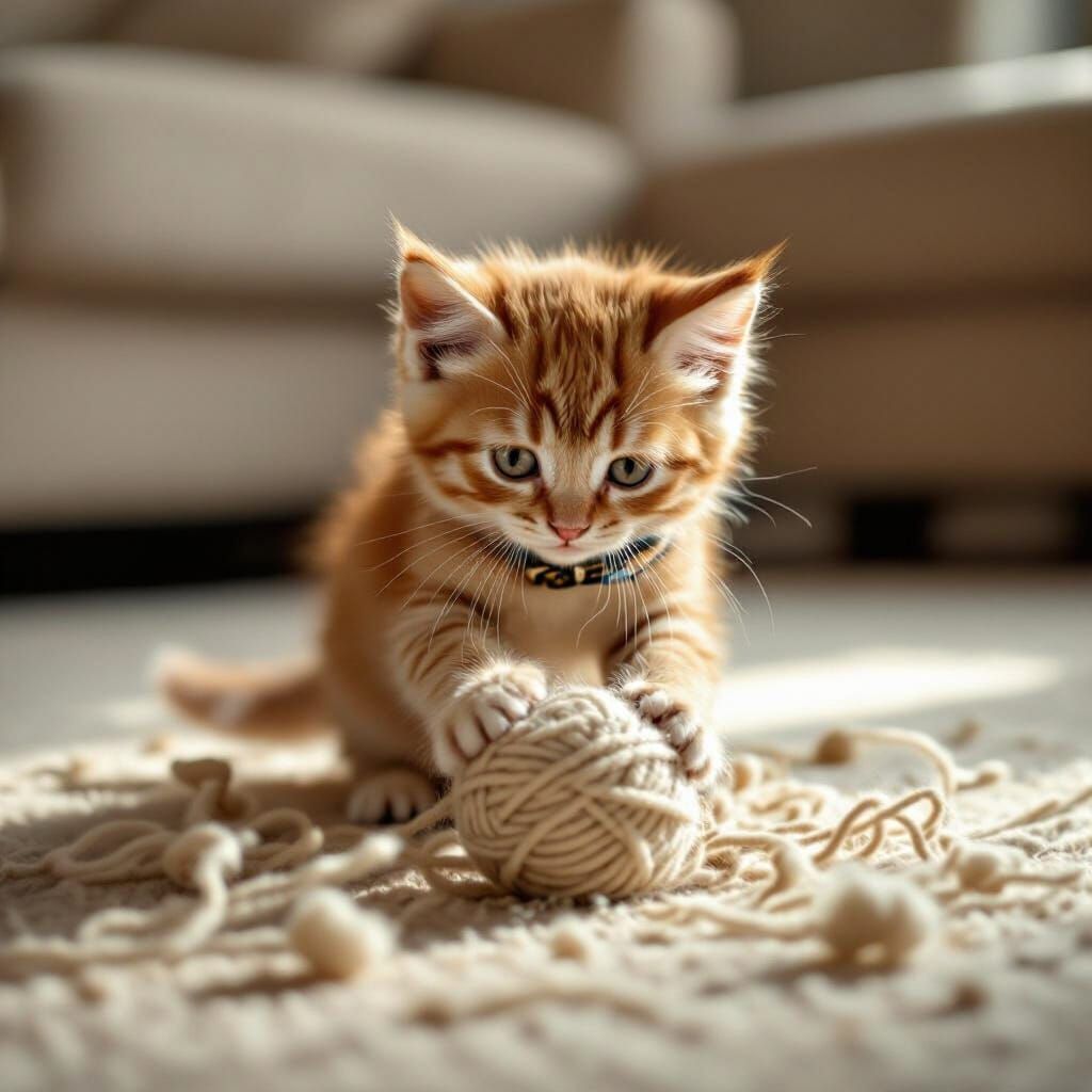 Ginger Kitten Pouncing on Wool Ball in Photorealistic Style
