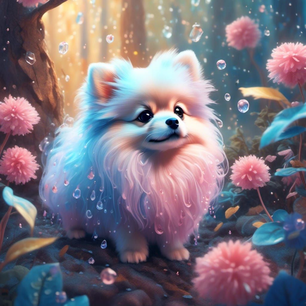 Pastel Pomeranian Puppy's Forest Encounter