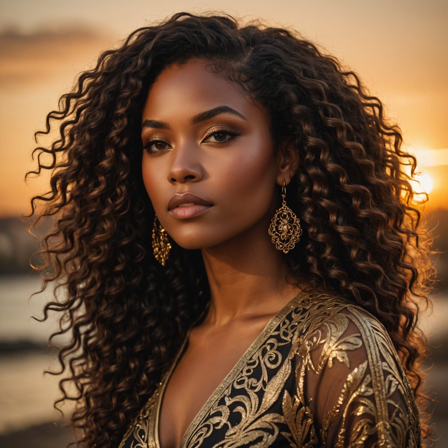 Elegant Black Woman in Warm Sunset Glow