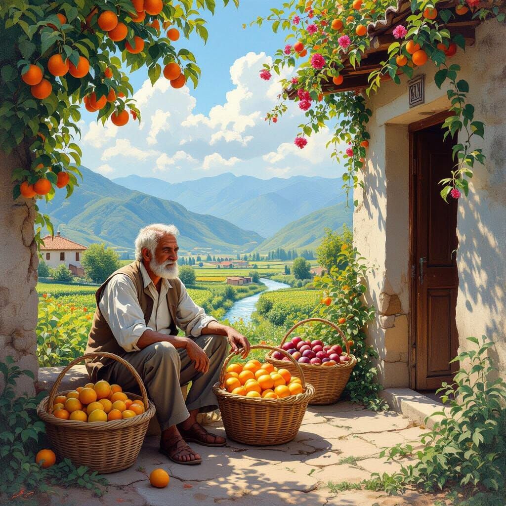 Serene Village Scene with Fruit Vendor in Realistic Style