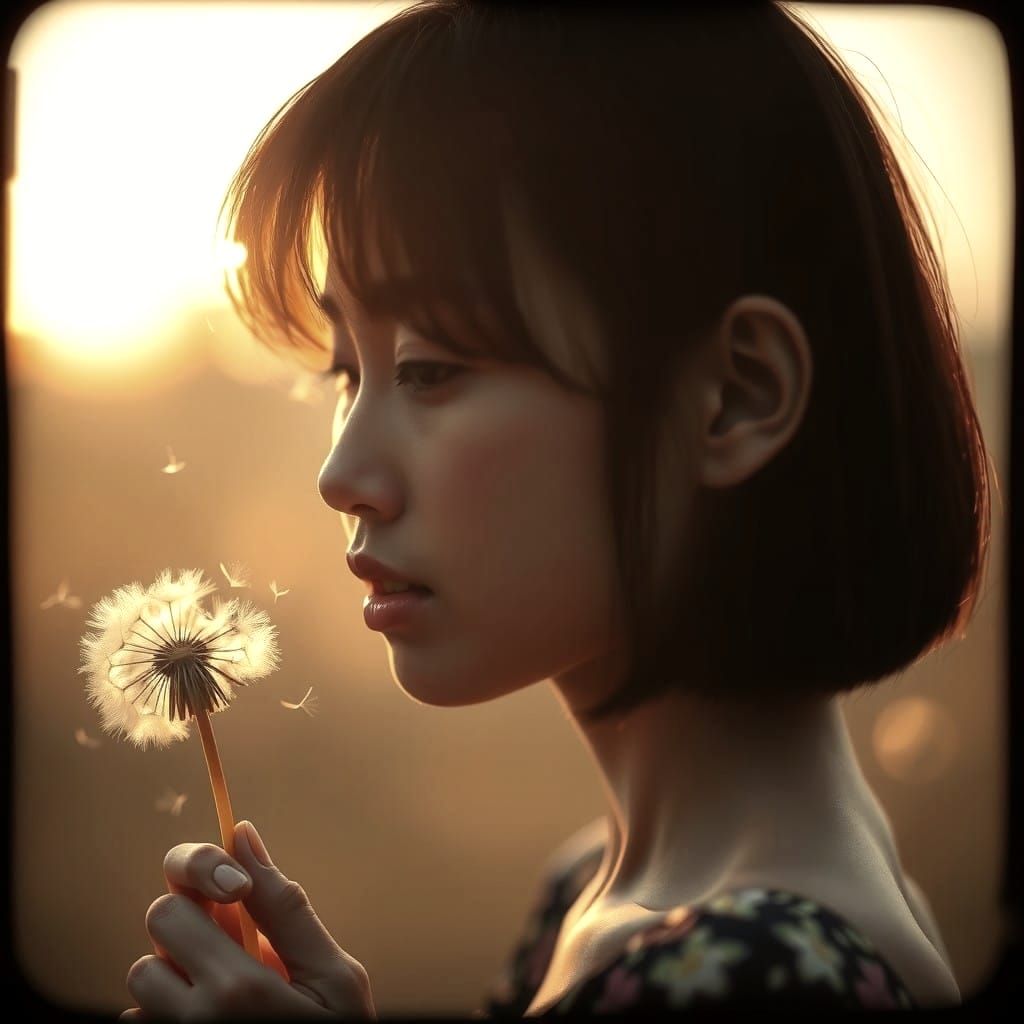 Asian Beauty Makes a Wish with Blown Dandelion Seeds
