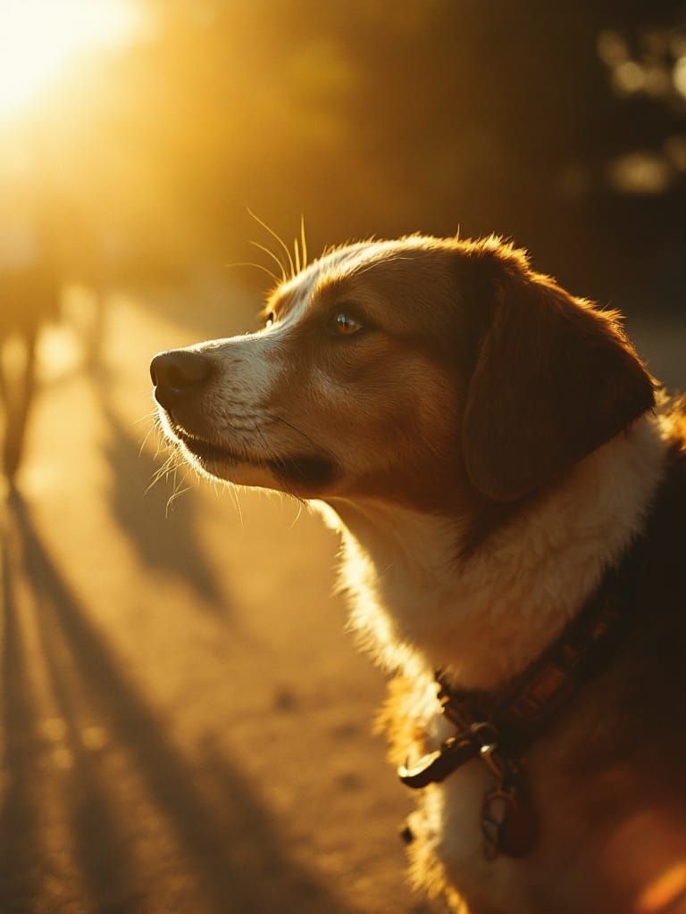 Golden Hour Horror: Dog Bathed in Warm, Uncomfortable Light
