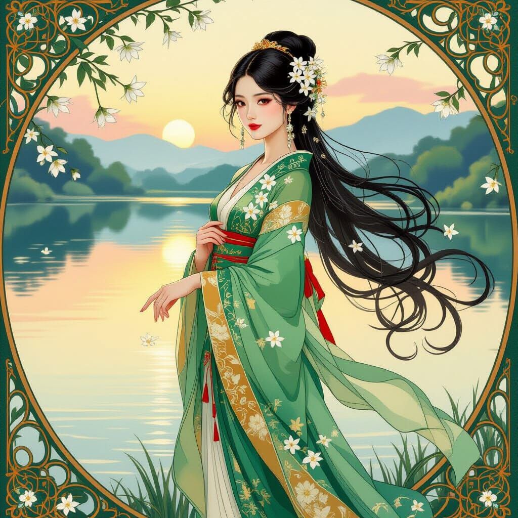 Serene Chinese Woman by Lake at Dawn, Art Nouveau Style