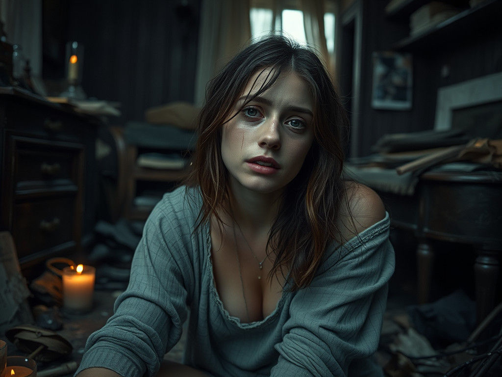 Sorrowful Woman in Shattered Room: Emotive Portrait