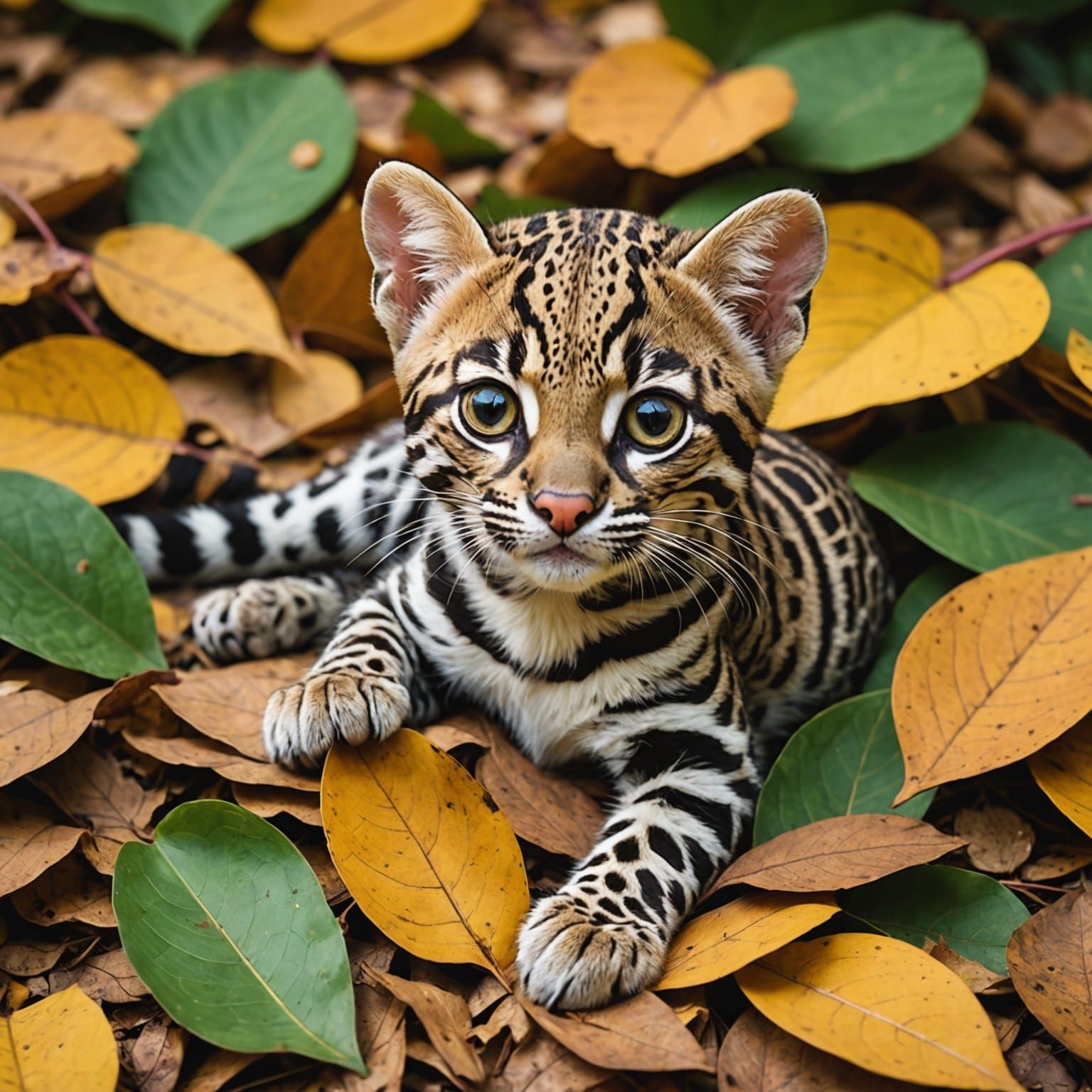 Cute Ocelot Lounging on Colorful Autumn Leaves
