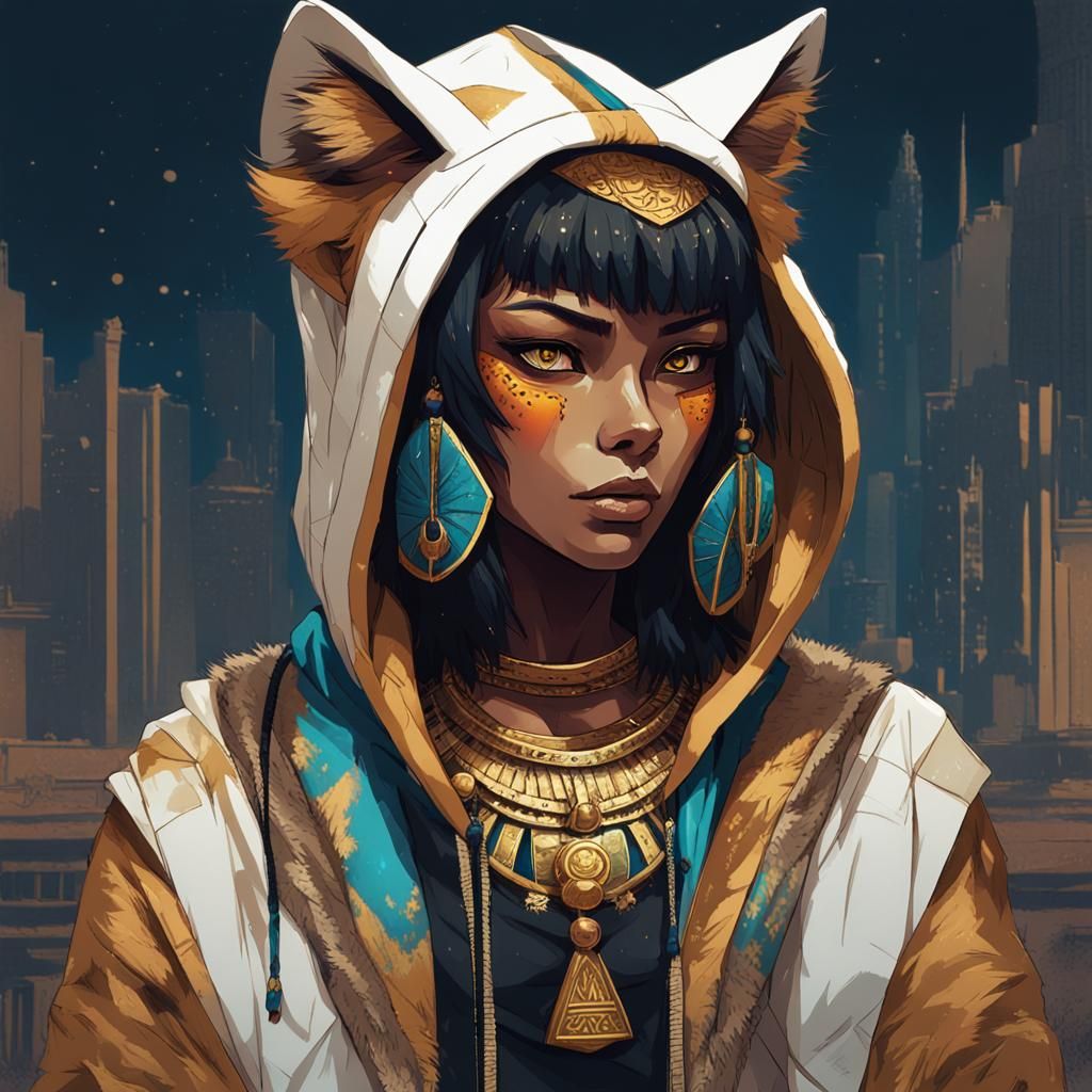 Egyptian Cat Goddess Bastet Portrait in Anime Style
