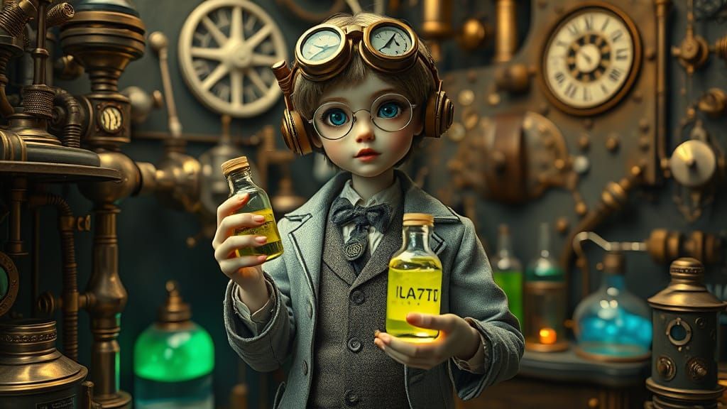 Steampunk Alchemist BJD Doll in Detailed Lab
