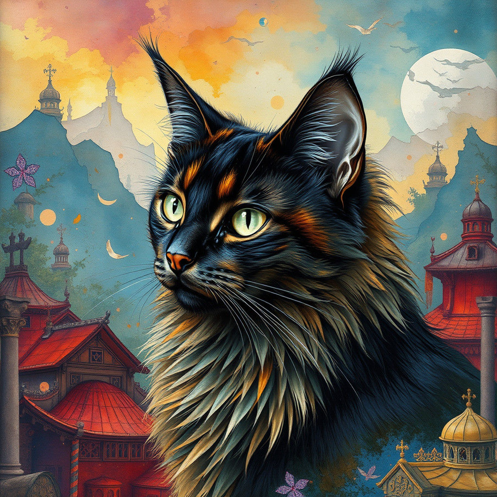 Tortoiseshell Angora Cat in Mixed Media Fantasy Art