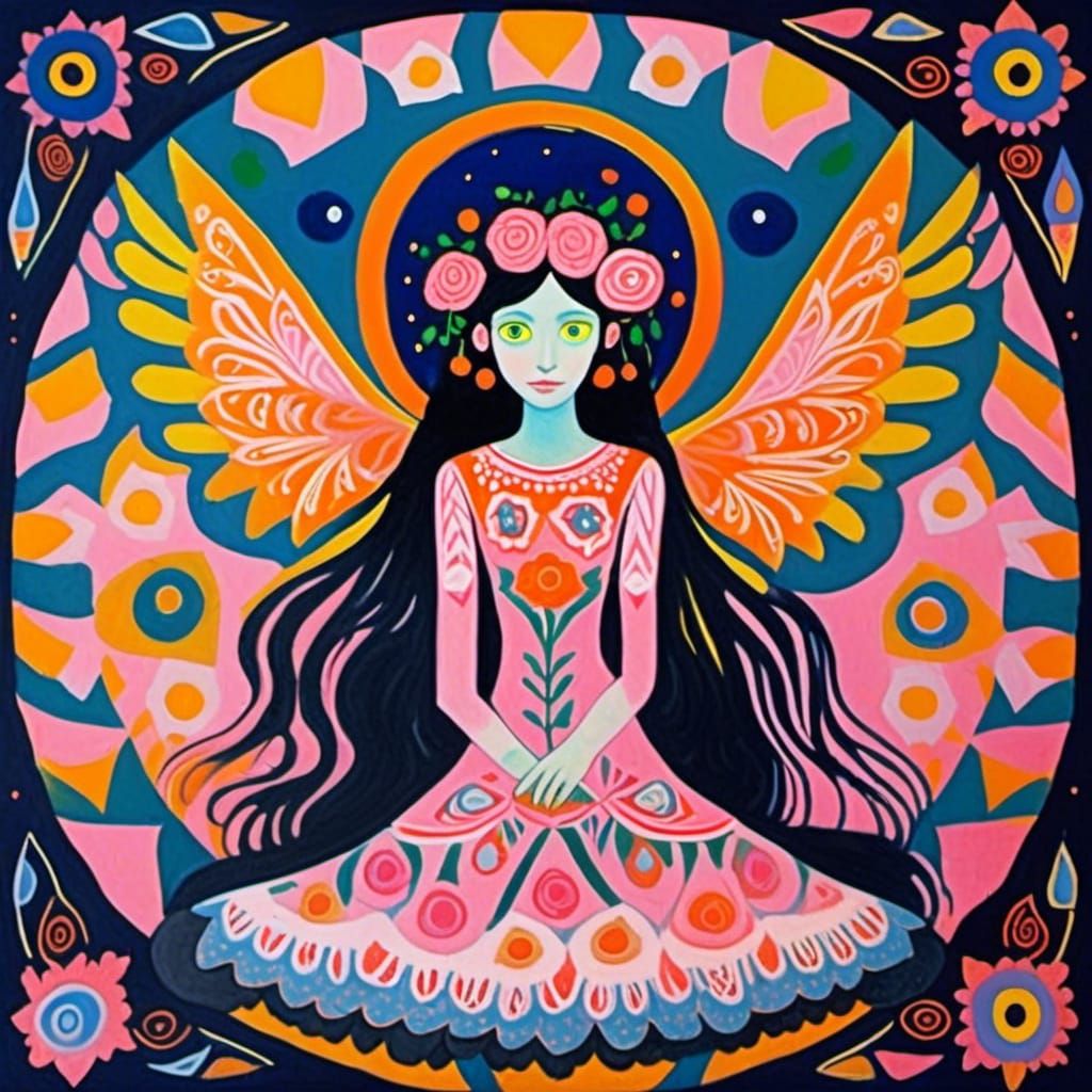 Pink Rose Fairy in Psychedelic Bohemian Gouache