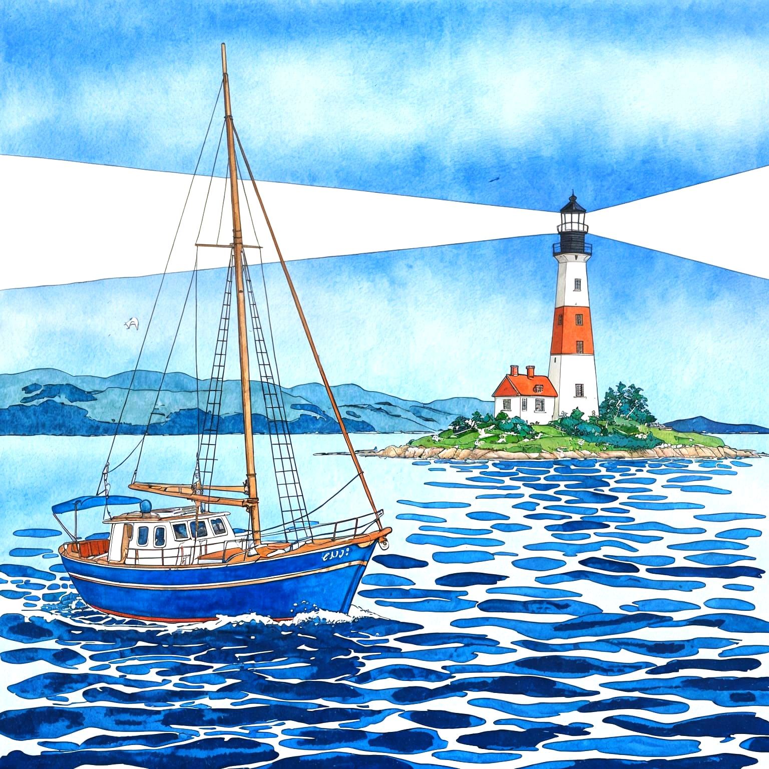 Sailing Boat Approaches Lighthouse in Watercolor Style
