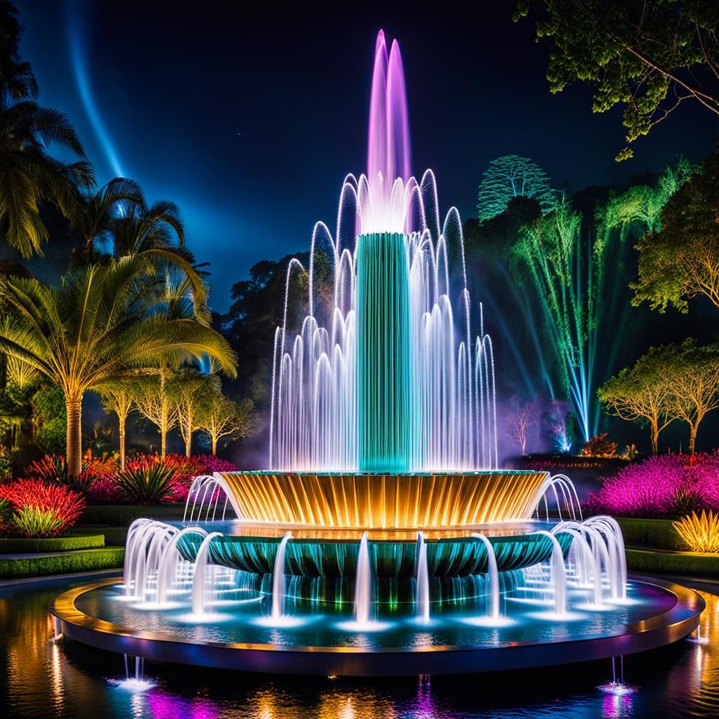 A magnificent fountain during night time in an enchanted garden.