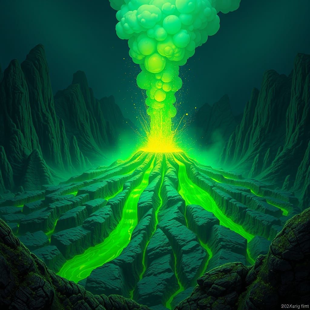 Volcano Erupts Green Slime in Fantasy Landscape