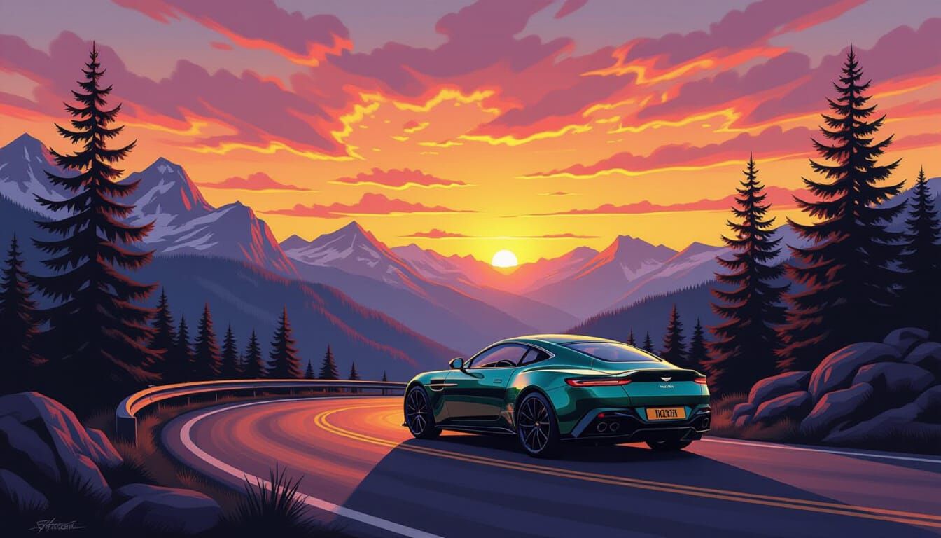 Majestic Aston Martin on Mountain Road at Sunset