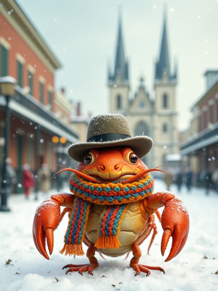 Whimsical Crayfish in Snowy New Orleans