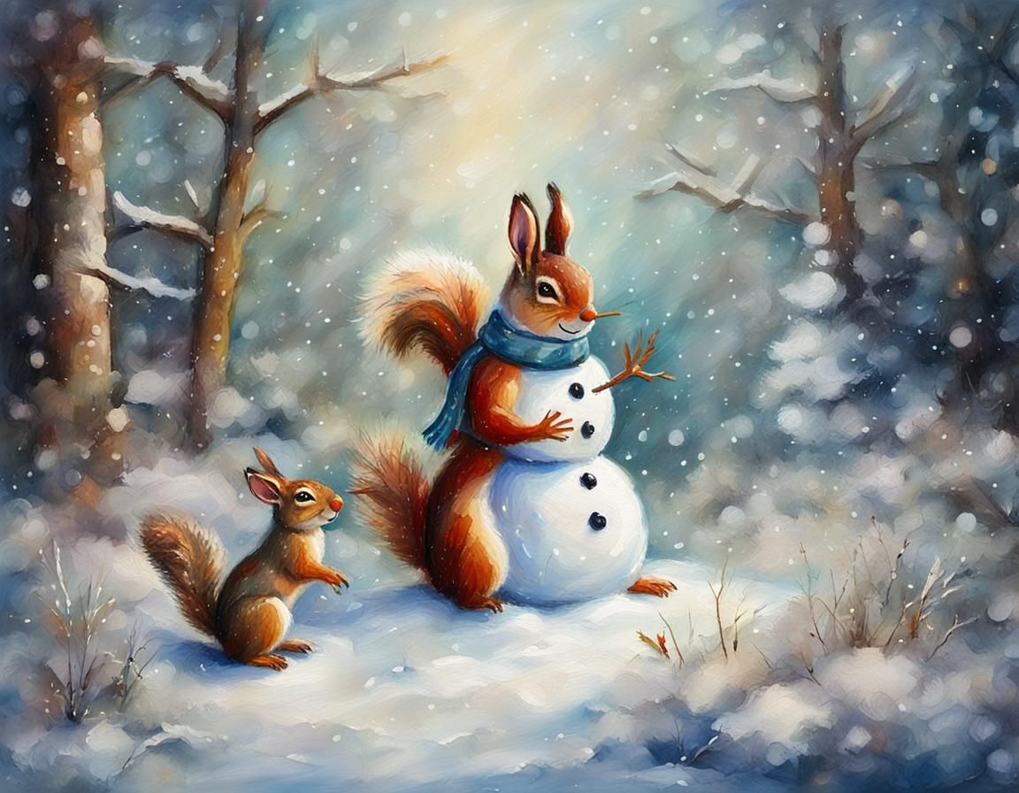 Whimsical Winter Wonderland: Squirrel and Hare Snowman Scene...