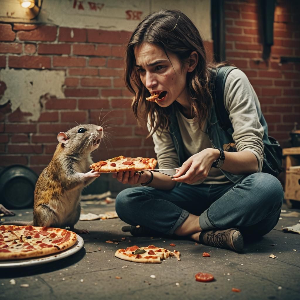 Woman Feeds Rat Pizza: Cinematic Film Still