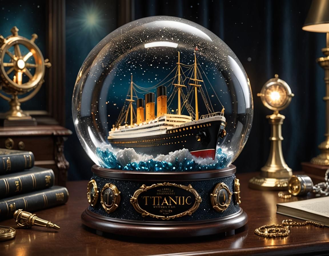 Titanic Sinking in Nautical Snowglobe: Hyper-Realistic Image