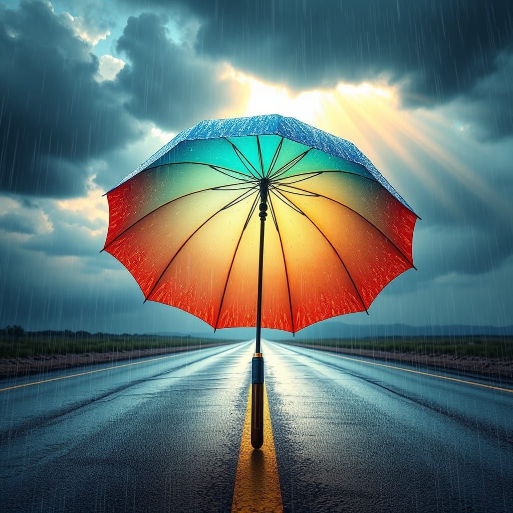 Ethereal Rainy Road Scene in Vibrant Colors