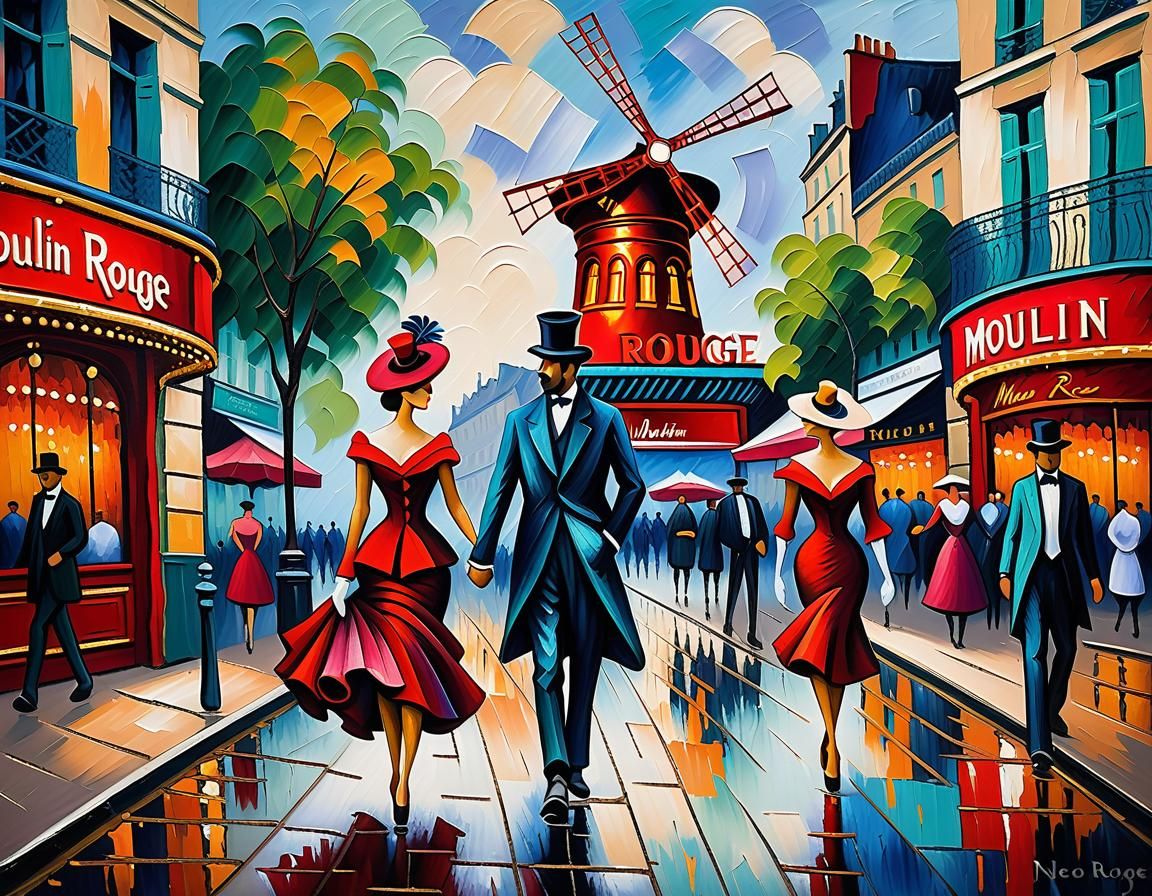 Elegant Couple at Moulin Rouge: Expressionist Oil Painting