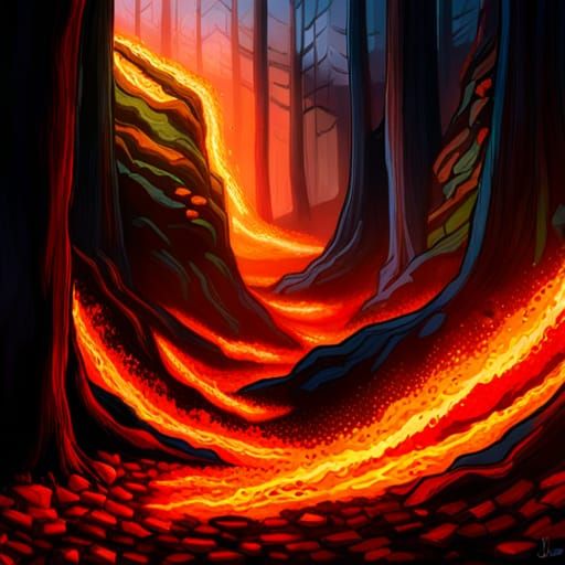 standing inside a rocky forest on fire with embers & 1,000 fire flies Epic cinematic brilliant stunning intricate meticu...