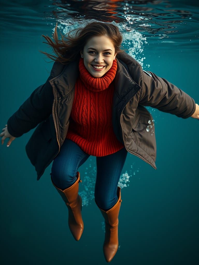Cinematic Underwater Moment of a Beautiful Woman in Dark Blu...