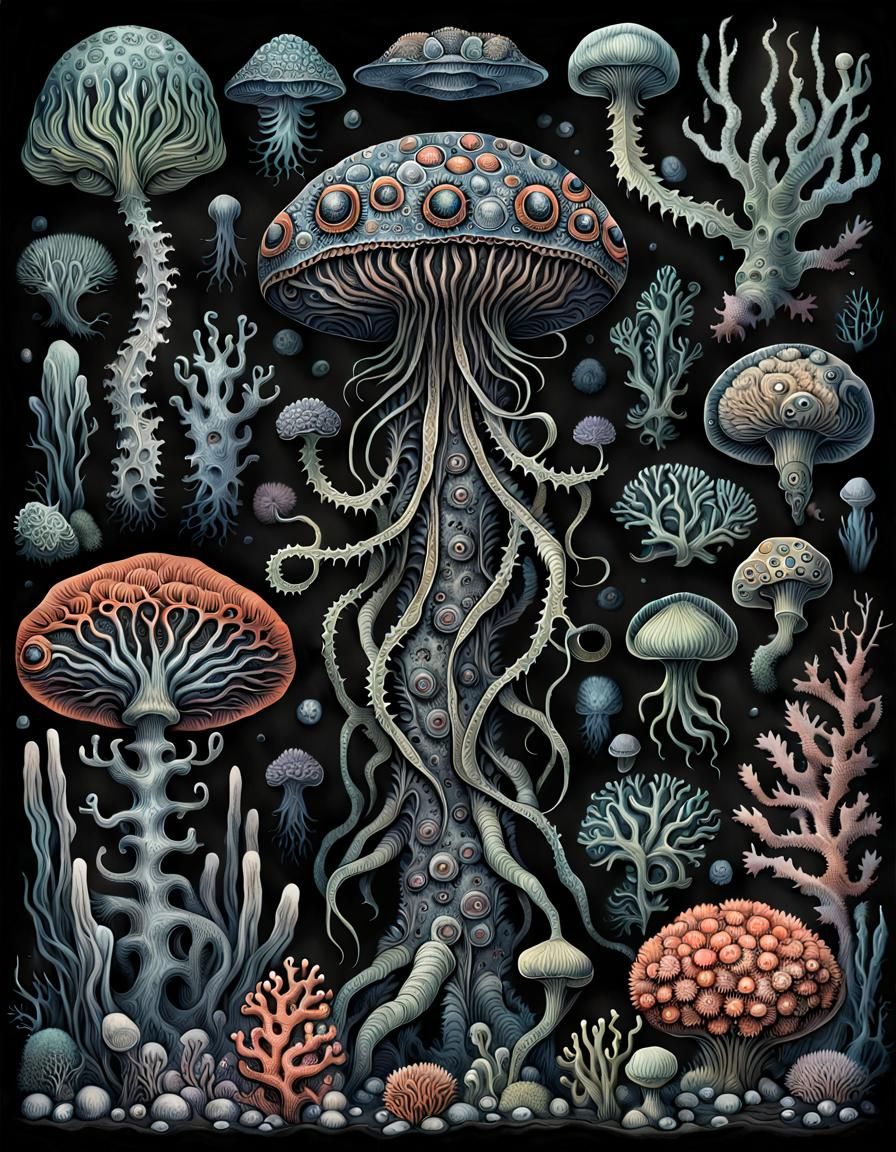 Eyeball-Covered Alien Plants in Biomechanical Coral Reef