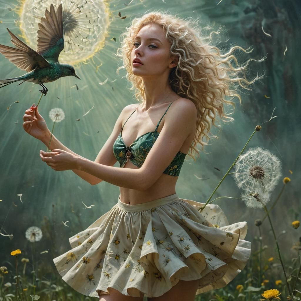 Surreal Woman with Swallow in Dreamscape