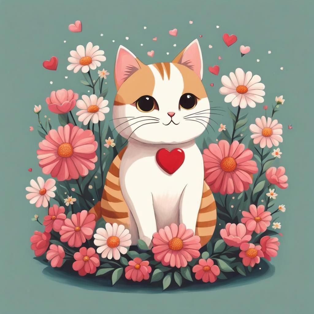 Cute Cat with Flowers in Pop-Surrealist Style